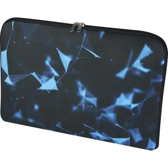 Pochette ordinateur personnalisée Mila 17 pouces noire sublimée d'un motif géométrique bleu, fermeture zippée