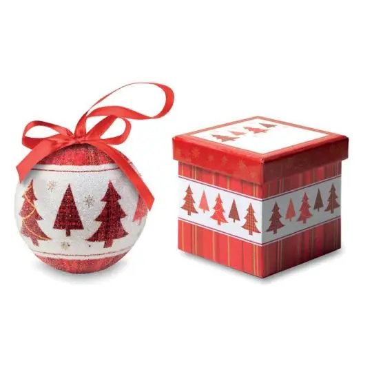 Boule de Noël personnalisée perlée blanche et rouge, sapins tartan et ruban de satin rouge