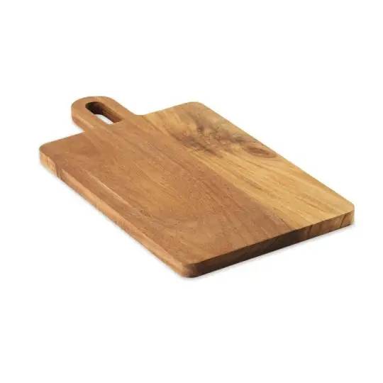 Planche à découper personnalisée ASTI en bois d'acacia doré aux veines contrastées avec poignée percée d'une fente