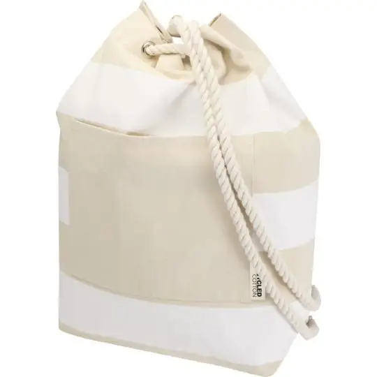 Sac marin personnalisé Florida rayé blanc et naturel en coton recyclé avec corde blanche et poche avant