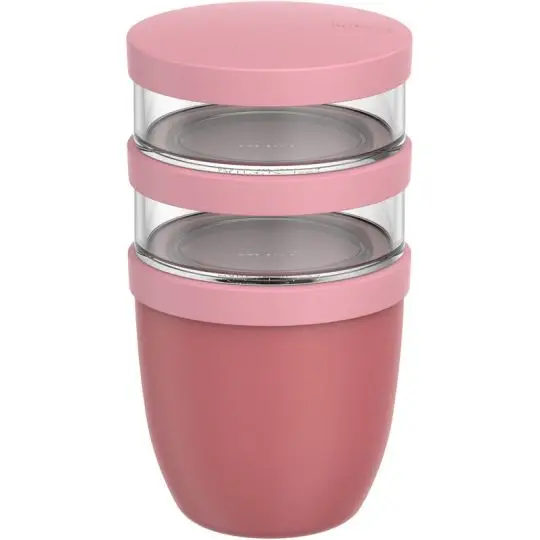 Pot repas personnalisé Mepal Ellipse rose à trois étages avec deux godets translucides de 200 ml empilés
