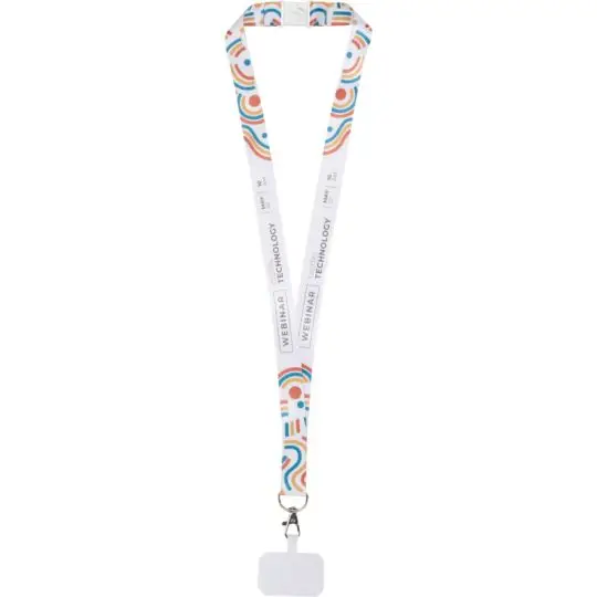 Tour de cou téléphone personnalisé ADDIE en RPET blanc sublimé d’arcs colorés avec mousqueton et patch smartphone