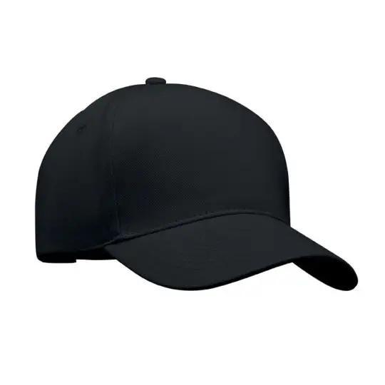 Casquette personnalisée SINGA noire 5 pans en coton sergé brossé, vue de profil avec visière incurvée