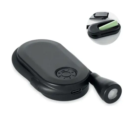 Lampe de lecture personnalisée SCENE REPLA noire à clip et col flexible, avec vue du logement de batterie