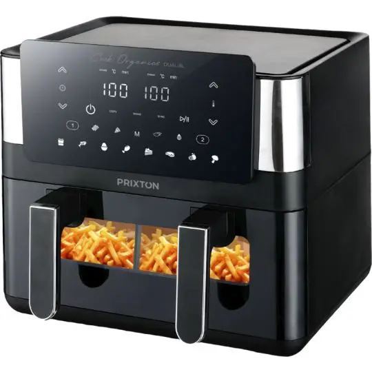 Friteuse à air double personnalisable Prixton Cook Organics noire à double affichage et hublot sur deux compartiments