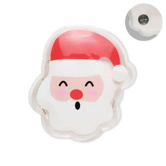 Chaufferette réutilisable en forme de tête de Père Noël, bonnet rouge et barbe blanche, pastille métallique visible