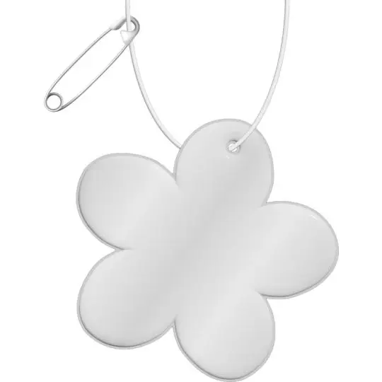 Pendentif réfléchissant personnalisé fleur en TPU blanc argenté avec cordon fin et épingle de sûreté en métal