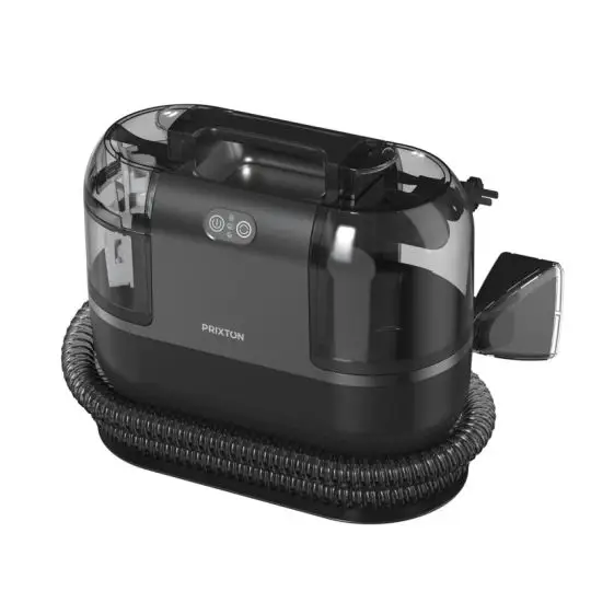 Nettoyeur vapeur personnalisé Prixton AquaClean Steam Pro gris, réservoirs transparents et tuyau enroulé à la base