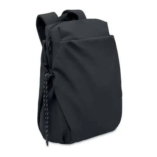 Sac à dos ordinateur publicitaire NAPA noir en nylon hydrofuge avec poche avant zippée et poignée, vue de trois quarts