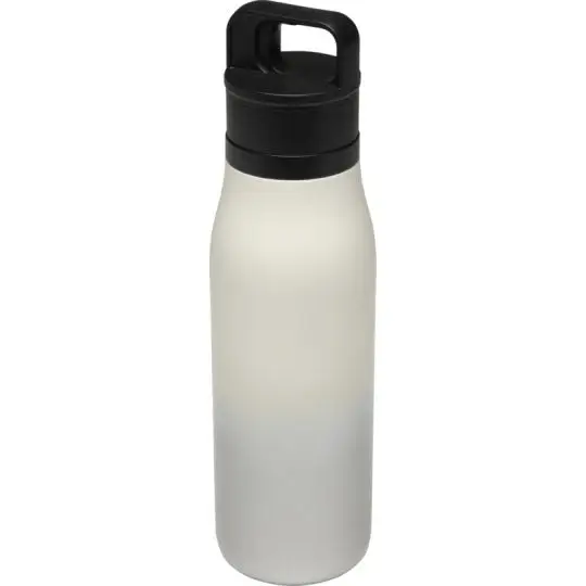 Bouteille isotherme SMART blanche en inox recyclé avec couvercle noir à anse, vue de face sur fond blanc