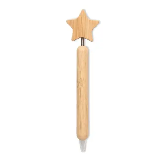Stylo bambou personnalisé STARPEN au corps en bois clair surmonté d'une étoile à cinq branches, vue de face