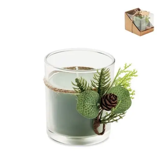 Bougeoir en verre personnalisable FOREST avec bougie verte, ficelle de jute, feuillage et pomme de pin, coffret kraft