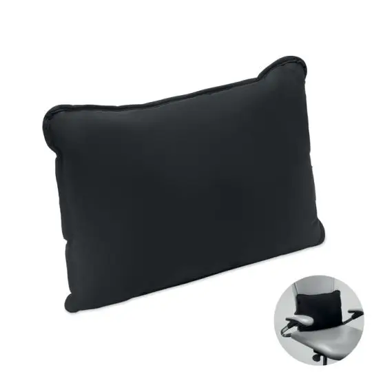 Coussin personnalisé SUICUSH noir en suédine avec passepoil, utilisable comme coussin de dos sur un fauteuil