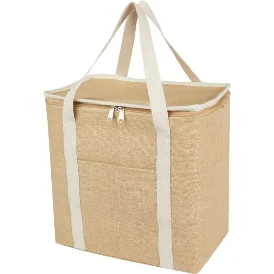 Sac isotherme personnalisable en jute 19 L avec anses écrues, fermeture zippée et poche frontale