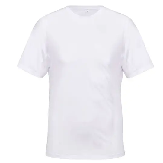 T-shirt sport unisexe personnalisable blanc en polyester recyclé, col rond, manches courtes, découpes aux emmanchures