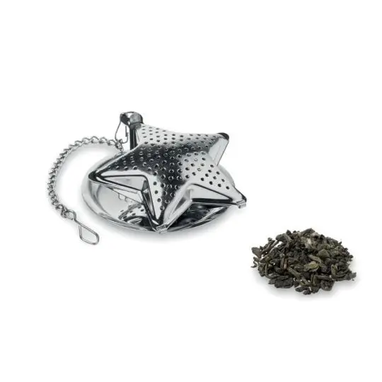 Infuseur à thé étoile en acier inoxydable personnalisable STARFILTER avec chaînette, coupelle et thé en vrac