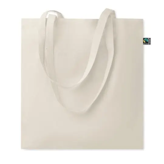Sac coton personnalisé OSOLE beige naturel à longues anses avec étiquette commerce équitable sur le côté