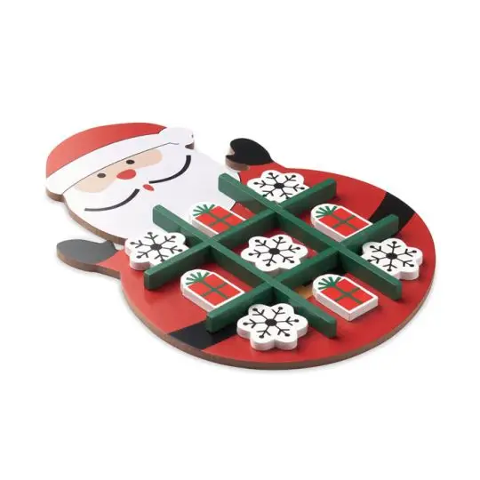 Jeu de morpion en bois personnalisable forme Père Noël avec plateau intégré et pièces flocons cadeaux