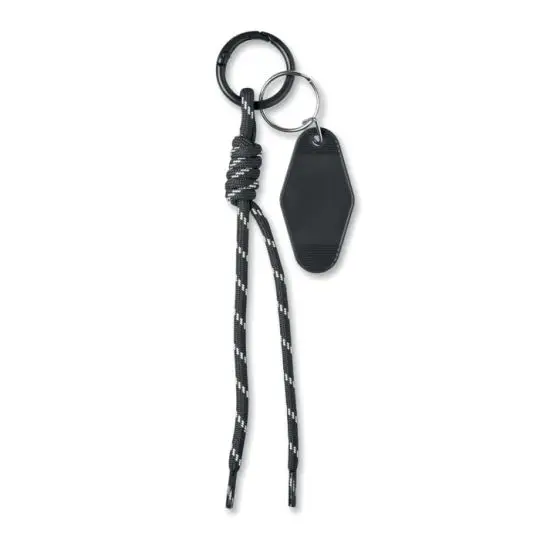 Porte-clés personnalisé KEYBRAID en corde tressée noire chinée avec étiquette ABS noire et anneau métal