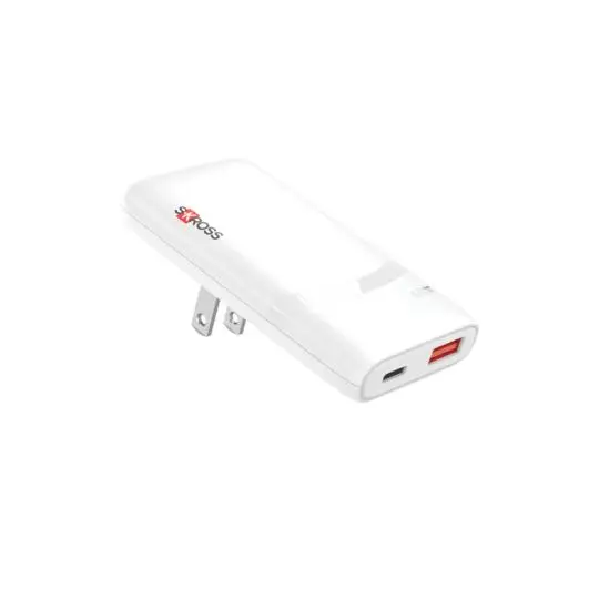 Chargeur USB-C personnalisé SKROSS Klip Slim blanc avec fiche américaine, port USB-C et port USB-A rouge