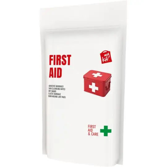 Kit de premiers secours personnalisable en pochette papier blanche avec étiquette First Aid rouge et croix verte