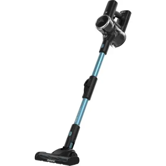Aspirateur publicitaire Prixton Flex Ultimate debout avec tube bleu clair, bloc moteur noir et brosse au sol