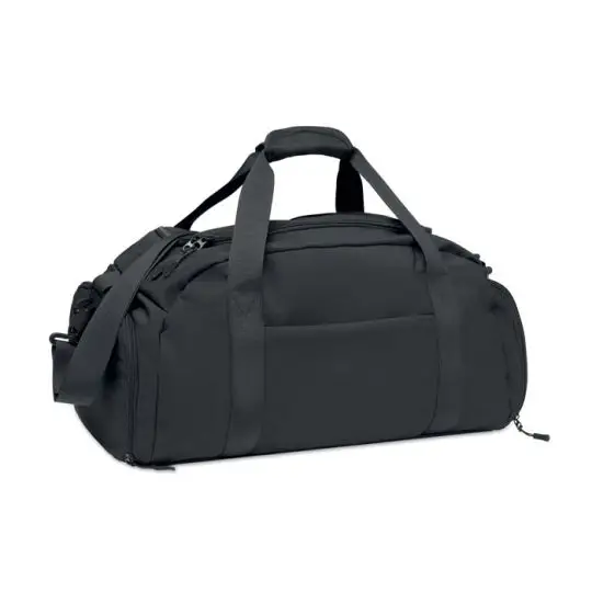 Sac de sport personnalisé ELEVA en nylon noir avec poignées fixes, bandoulière et poche frontale zippée vue de face