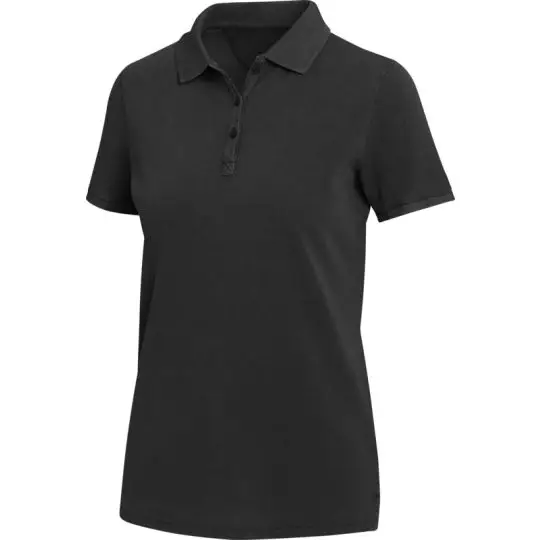 Polo femme personnalisé Calgary noir en maille piquée délavée, col polo boutonné et manches courtes, vue de face