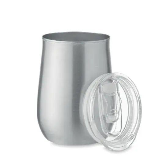 Mug inox personnalisé argent mat en acier recyclé, forme galbée et couvercle transparent coulissant à côté