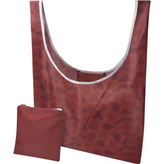 Sac shopping pliable personnalisé Edy bordeaux sublimé avec anses à biais blanc et sa pochette de rangement