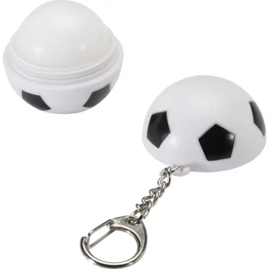 Baume à lèvres personnalisable ballon de football blanc à pentagones noirs, ouvert et avec chaînette porte-clés