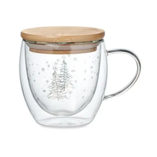 Tasse de Noël en verre borosilicate double paroi personnalisable SIAN à sapins et flocons argentés, couvercle bambou