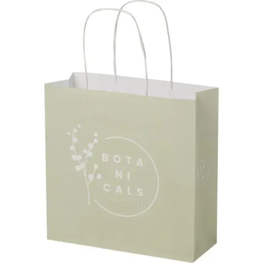 Petit sac kraft personnalisé blanc imprimé vert sauge, logo Botanicals blanc et poignées torsadées blanches
