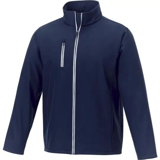 Veste softshell recyclée homme Orion bleu marine vue de face avec col montant et zip central à ruban clair