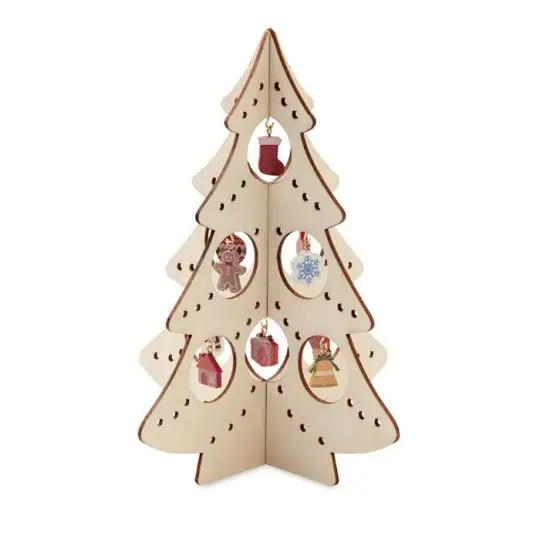 Sapin de Noël en contreplaqué naturel personnalisable à monter avec mini ornements suspendus dans ses découpes