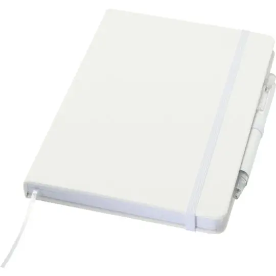 Set cahier et stylo publicitaire Spectrum blanc avec élastique, ruban marque-page et passe-stylo