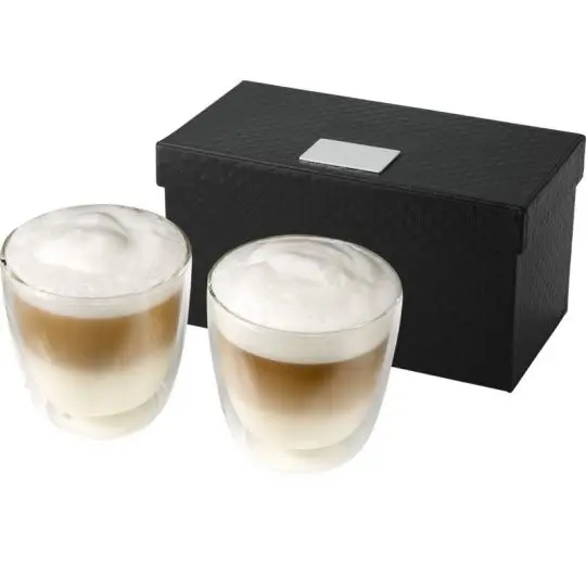 Set de verre à café double paroi Boda avec plaque personnalisable métallique sur boîte cadeau noire