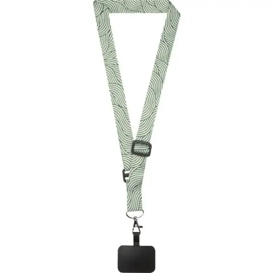 Lanyard téléphone recyclé LYRA en RPET imprimé d'un motif vert ondulé, avec boucle et attache noires