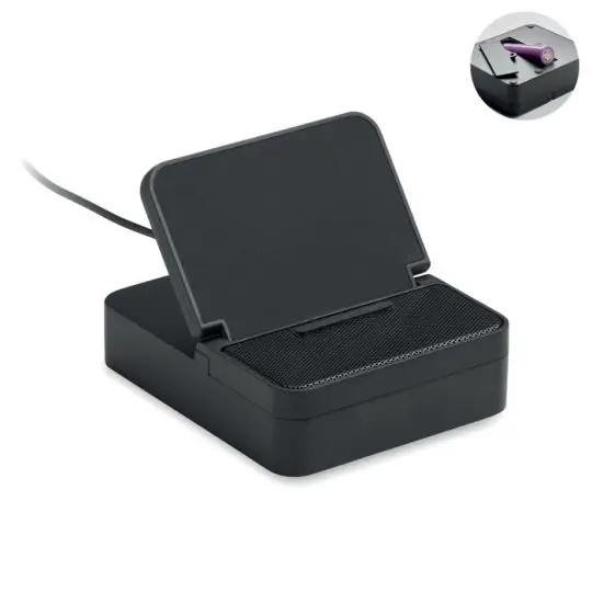 Enceinte sans fil personnalisée CHARGEBEAT noire avec support incliné pour smartphone et chargeur induction intégré