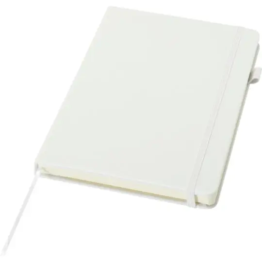 Carnet personnalisé publicitaire A5 blanc Liss avec couverture rigide, élastique, ruban marque-page et passe-stylo