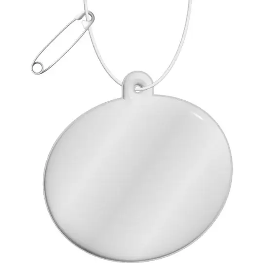 Attache réfléchissante ovale personnalisée blanche en TPU avec cordon et épingle de sûreté, surface brillante