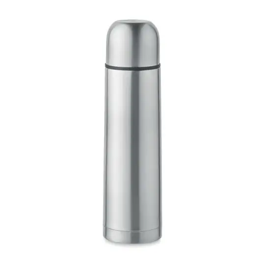 Thermos personnalisé 500 ml en inox recyclé argent mat, bouchon arrondi et liseré sombre, vue de face sur fond blanc