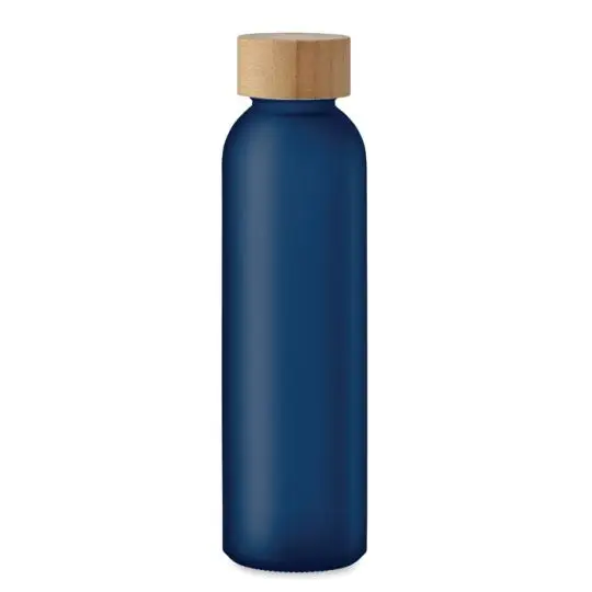 Bouteille en verre givré bleu marine 500 ml avec bouchon en bambou, vue de face sur fond blanc
