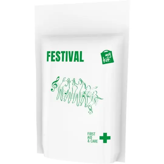 Kit festival personnalisé en pochette papier blanche avec titre Festival vert et illustration de foule dessinée