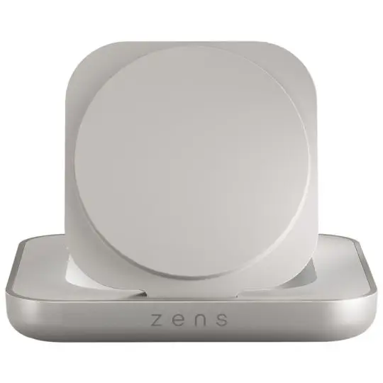 Chargeur magnétique personnalisé Zens blanc à pavé incliné sur socle, recharge sans fil Qi2 15 W, vue de face