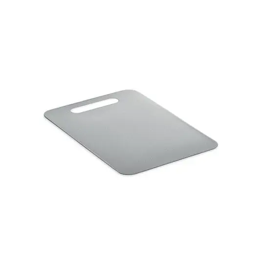 Planche à découper personnalisée PLATI en acier inoxydable argenté aux angles arrondis avec poignée ajourée