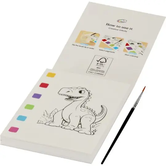 Livre de coloriage personnalisable Quell ouvert avec dinosaure, six pigments et pinceau à eau