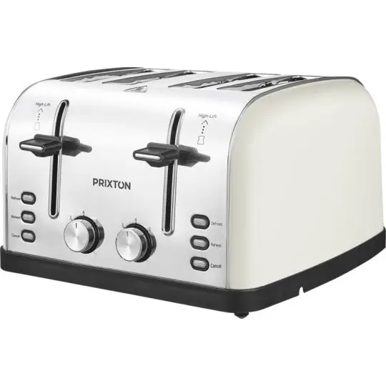 Grille-pain personnalisé Prixton Bianca 4 fentes blanc crème à façade en métal brossé et molettes chromées