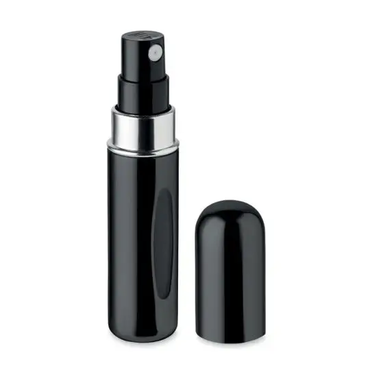 Vaporisateur de parfum personnalisé noir brillant en aluminium avec bague argentée et capuchon posé à côté