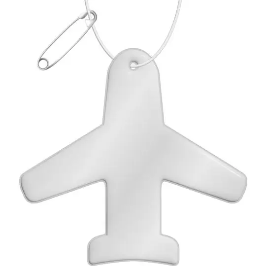 Attache réfléchissante publicitaire en TPU en forme d’avion aux ailes déployées, cordon blanc et épingle